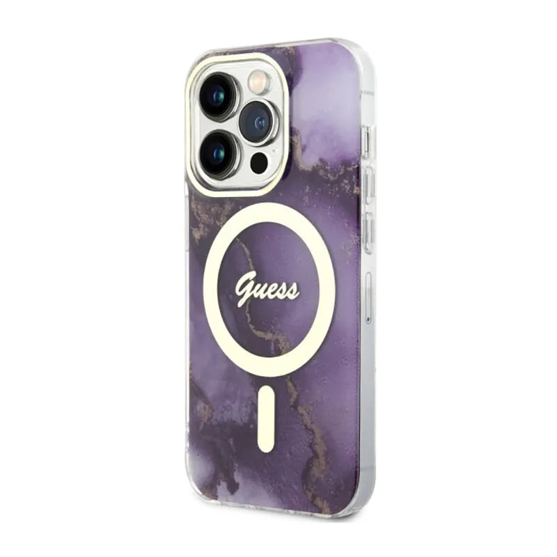 Guess Golden Marble MagSafe – dėklas iPhone 14 Pro (violetinis)