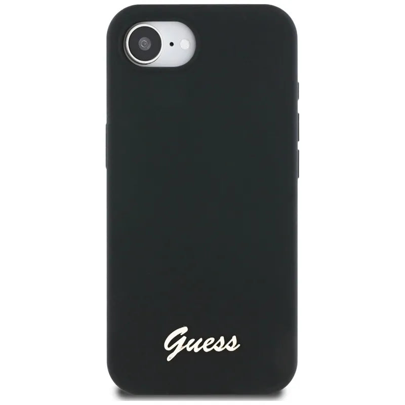 Guess Silicone Script Metal Logo MagSafe – Dėklas, skirtas iPhone 16e (juodas)