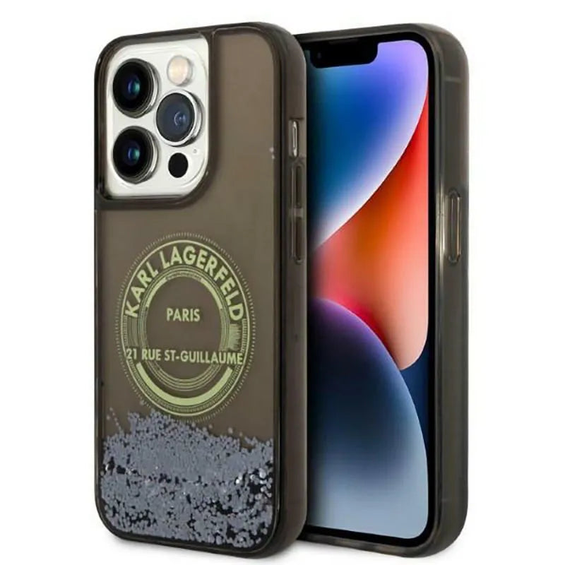 Karl Lagerfeld Liquid Glitter Round RSG Logo dėklas – dėklas skirtas iPhone 14 Pro (juodas)