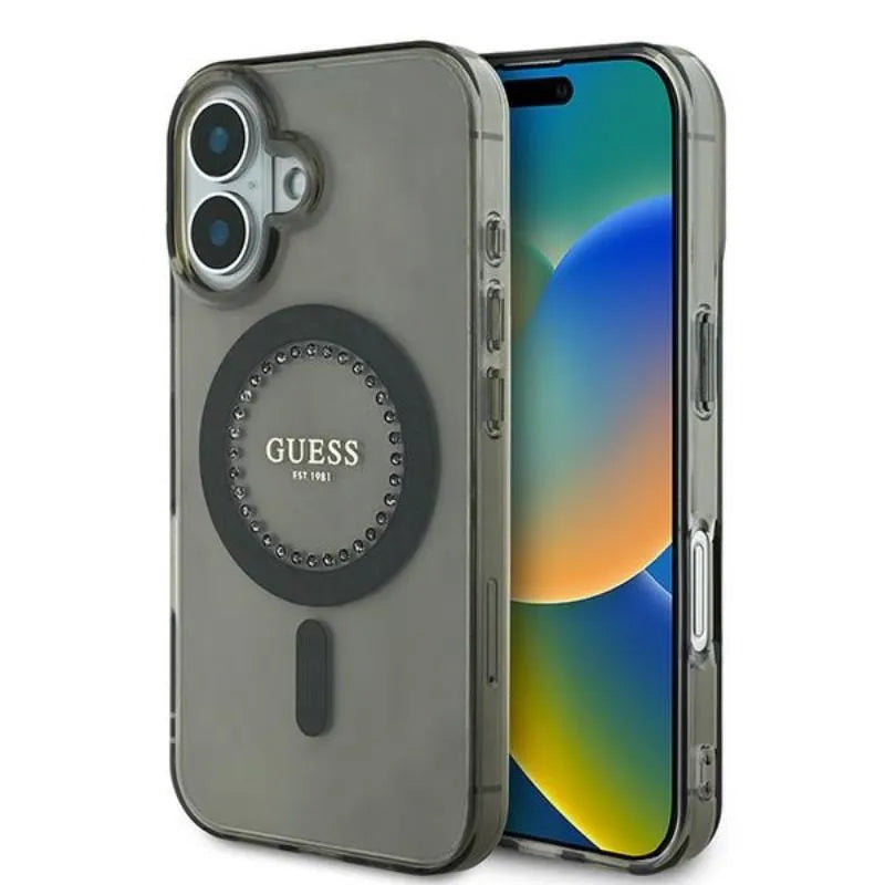 Guess IML Rhinestones MagSafe - Dėklas iPhone 16 Plus (Juodas)