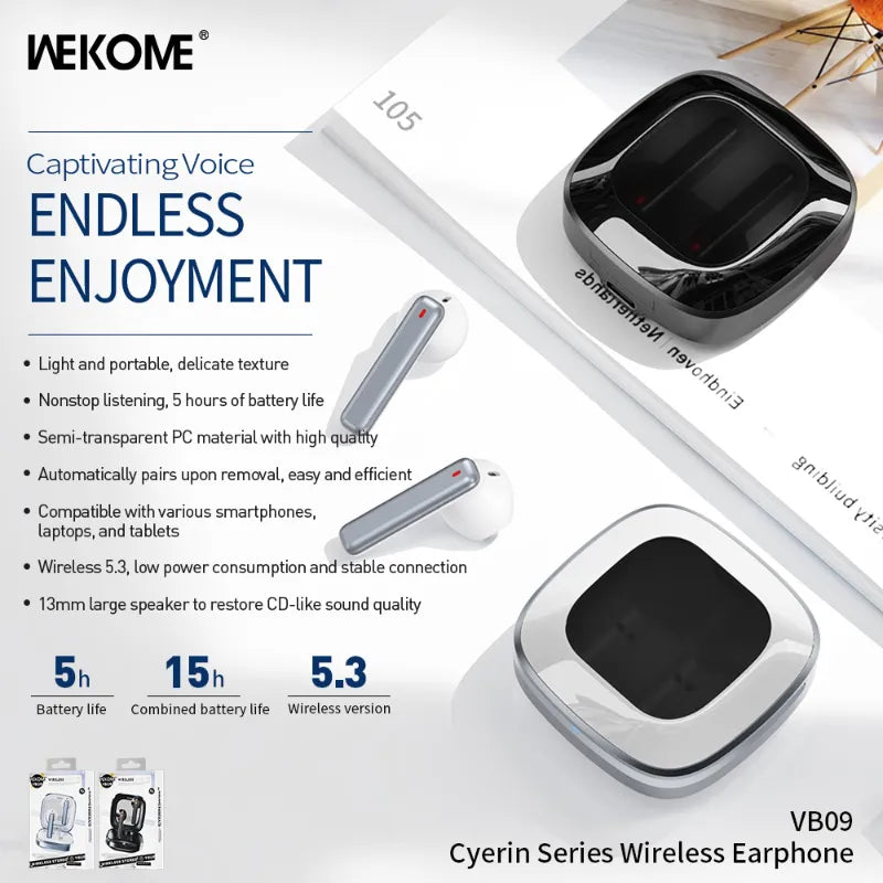 WEKOME VB09 Cyerin Series – Bluetooth V5.3 TWS belaidės ausinės su įkrovimo dėklu (juodos)