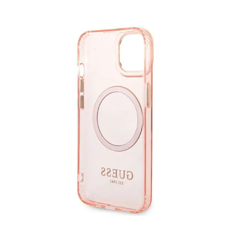 Guess Gold Outline Translucent MagSafe – dėklas iPhone 14 Plus (rožinis)