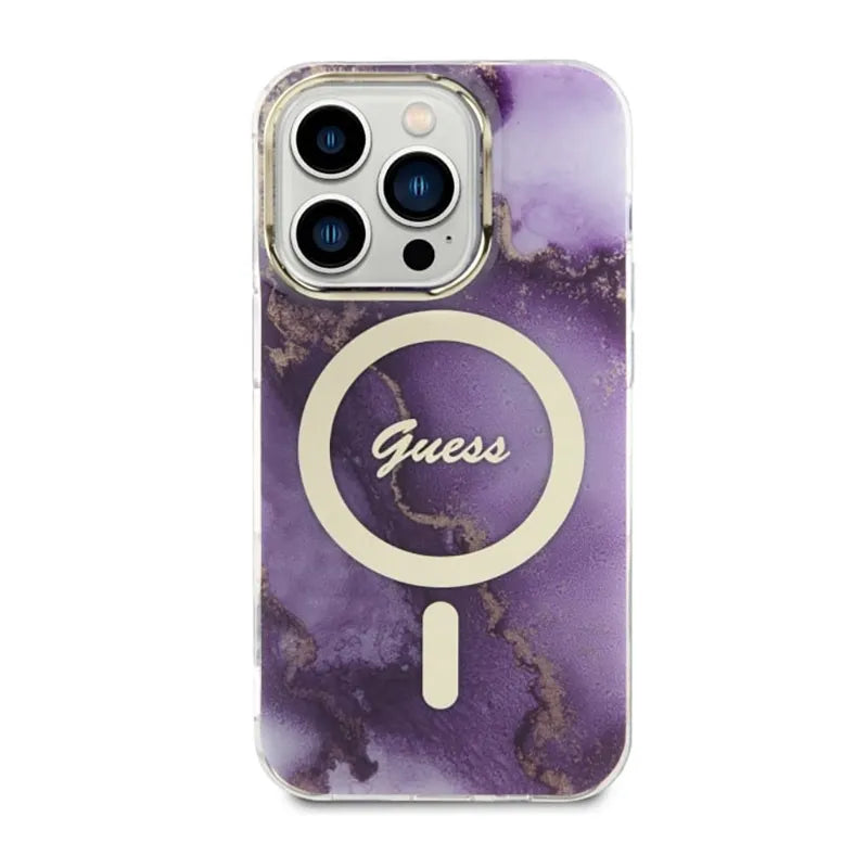 Guess Golden Marble MagSafe – dėklas iPhone 14 Pro (violetinis)