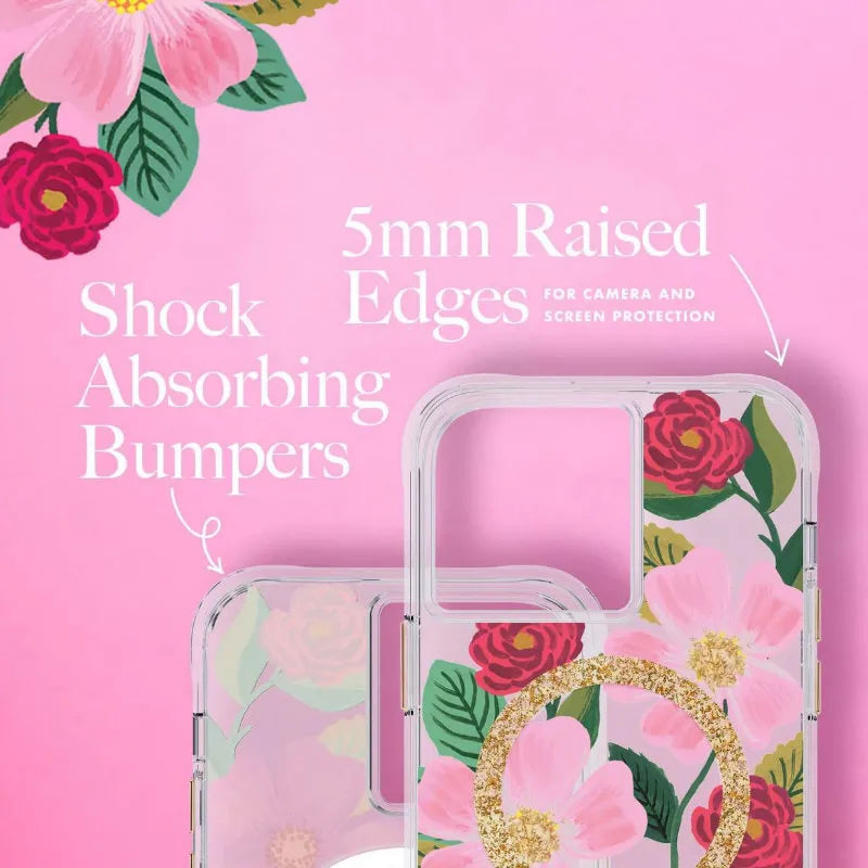 Rifle Paper Clear MagSafe - Auksu dekoruotas dėklas iPhone 14 / iPhone 13 (Rose Garden)