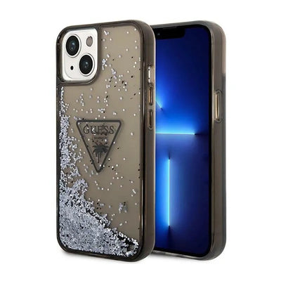 Guess Liquid Glitter Triangle Logo dėklas - Dėklas iPhone 14 Plus (Juodas)