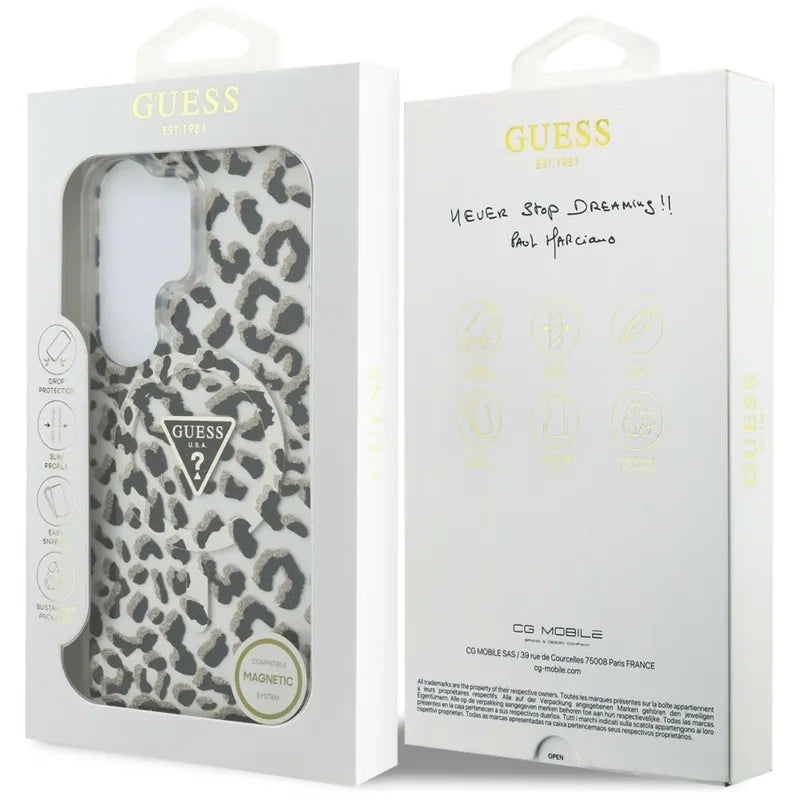 Guess IML Leopard Print Triangle MagSafe – Samsung Galaxy S26 Ultra dėklas (juodas)
