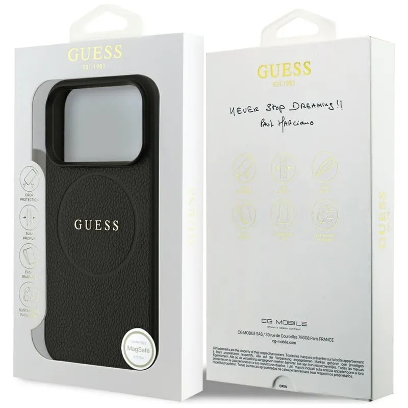 Guess Grained Ring MagSafe – Dėklas iPhone 17 Pro (juodas)