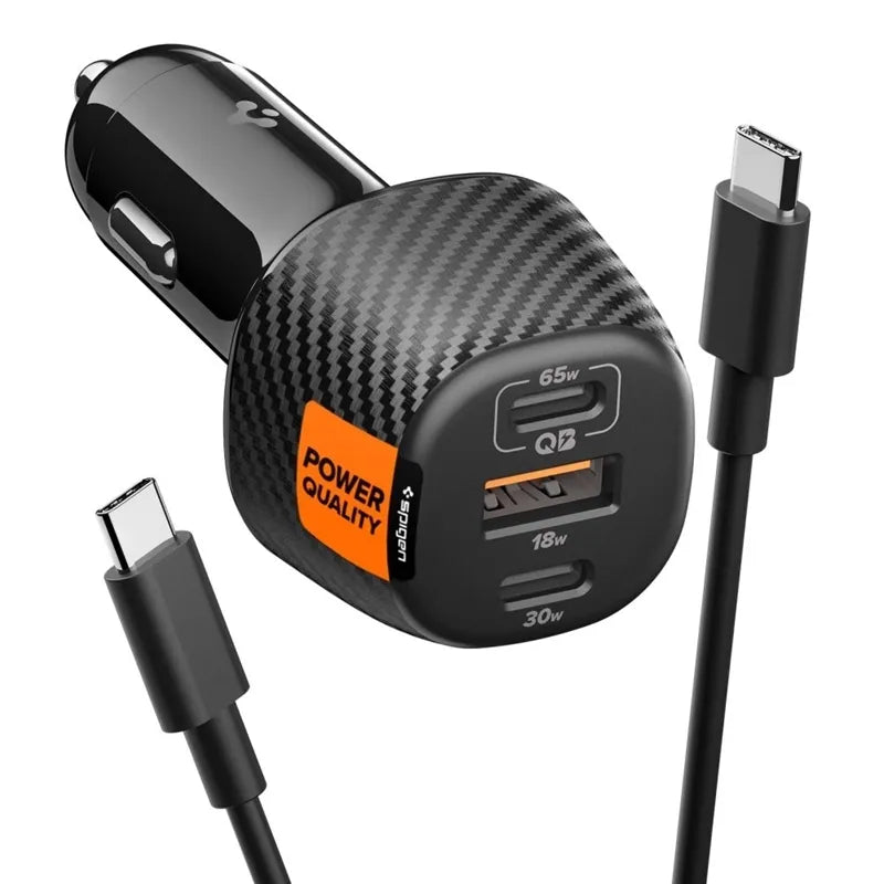Spigen Essential EV1133 – automobilinis įkroviklis 2x USB-C PD ir USB-A QC3.0 113 W + 100 W, USB-C laidas, 1 m (juodas)