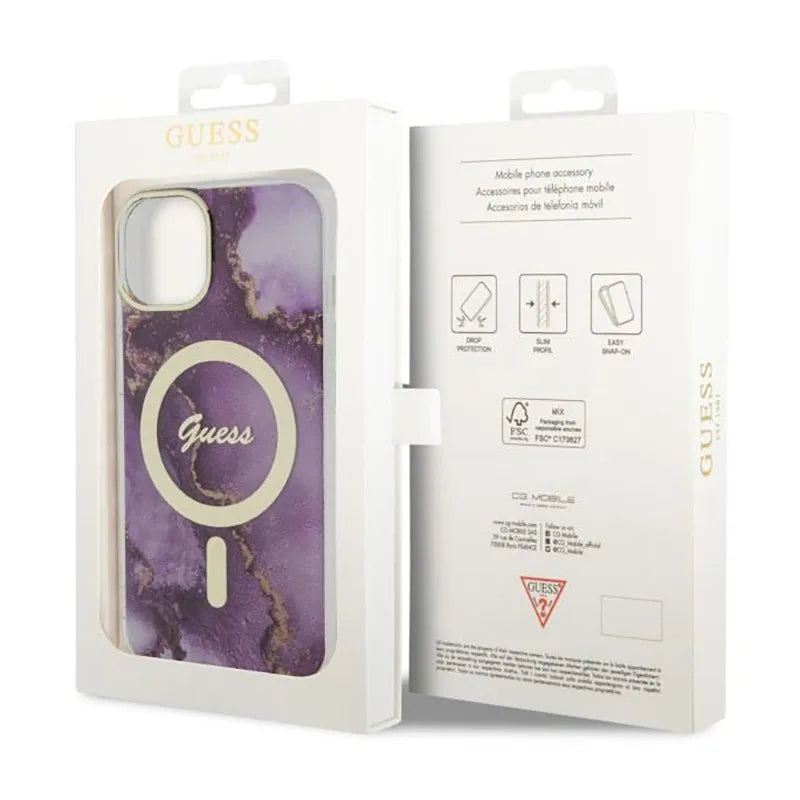 Guess Golden Marble MagSafe - Dėklas iPhone 14 (Violetinis)