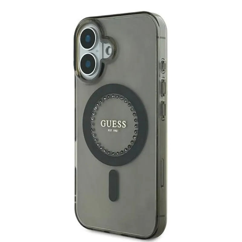 Guess IML Rhinestones MagSafe - Dėklas iPhone 16 Plus (Juodas)