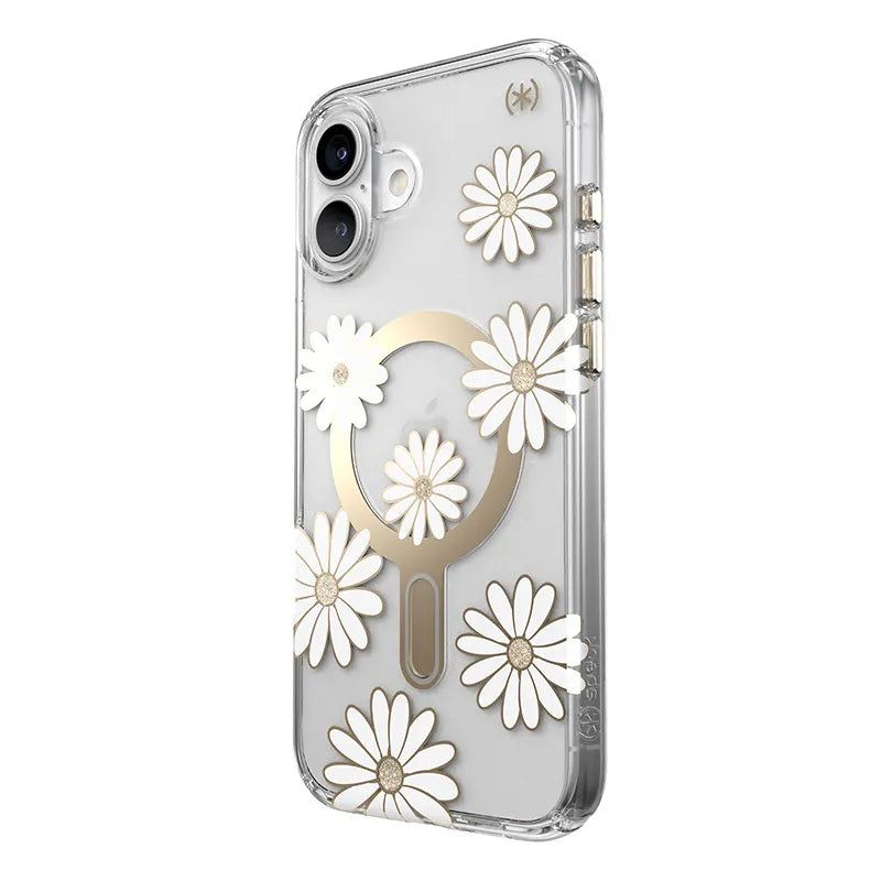 Speck Presidio Lux ClickLock & MagSafe - iPhone 16 Plus dėklas (Sunshine Daisies / Skaidrus / Auksinis)