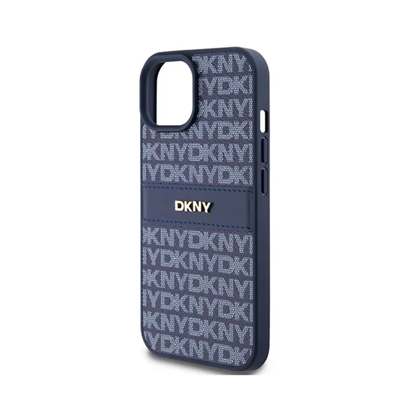 DKNY Leather Mono Stripe & Metal Logo - dėklas, skirtas iPhone 15 / 14 / 13 (mėlynas)