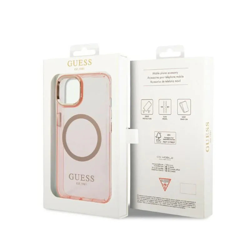 Guess Gold Outline Translucent MagSafe – dėklas iPhone 14 Plus (rožinis)