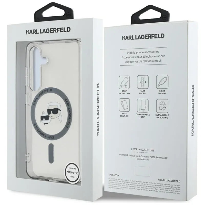 Karl Lagerfeld Button Karl & Choupette Heads Printed Logo MagSafe – dėklas Samsung Galaxy S25+ (juodas)