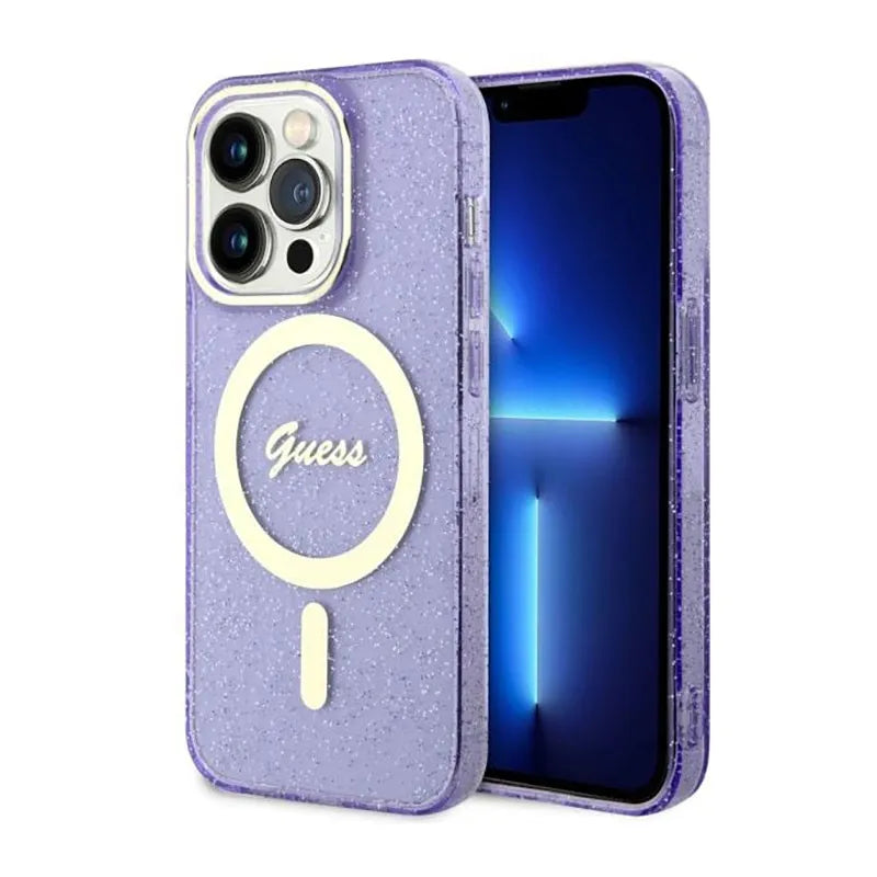 Guess Glitter Gold MagSafe – dėklas iPhone 14 Pro Max (violetinis)