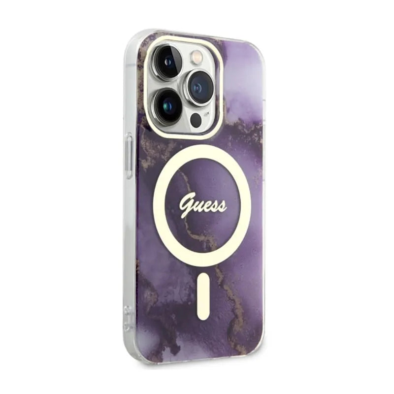 Guess Golden Marble MagSafe – dėklas iPhone 14 Pro (violetinis)