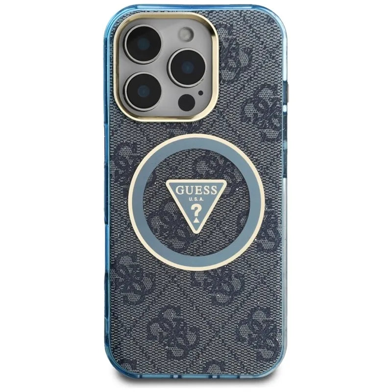Guess IML Metal Glitter 4G Circle Triangle MagSafe – dėklas iPhone 16 Pro Max telefonui (mėlynas)