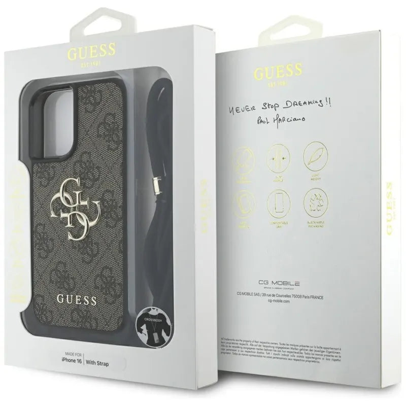 Guess 4G Big Logo Cord Strap Crossbody – dėklas iPhone 16 (rudas)
