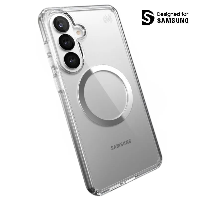 Speck Presidio Perfect-Clear Magnet – Samsung Galaxy S26+ MagSafe dėklas (Skaidrus/Skaidrus/Sidabrinis)