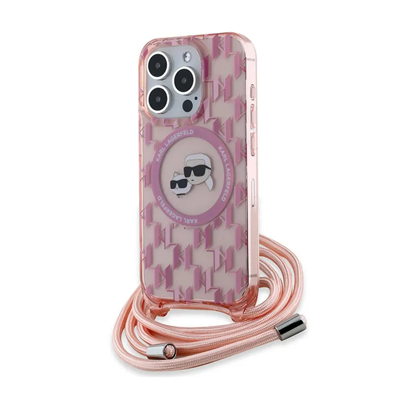 Karl Lagerfeld IML Crossbody Monogram Karl & Choupette Head MagSafe – dėklas iPhone 15 Pro (rožinis)