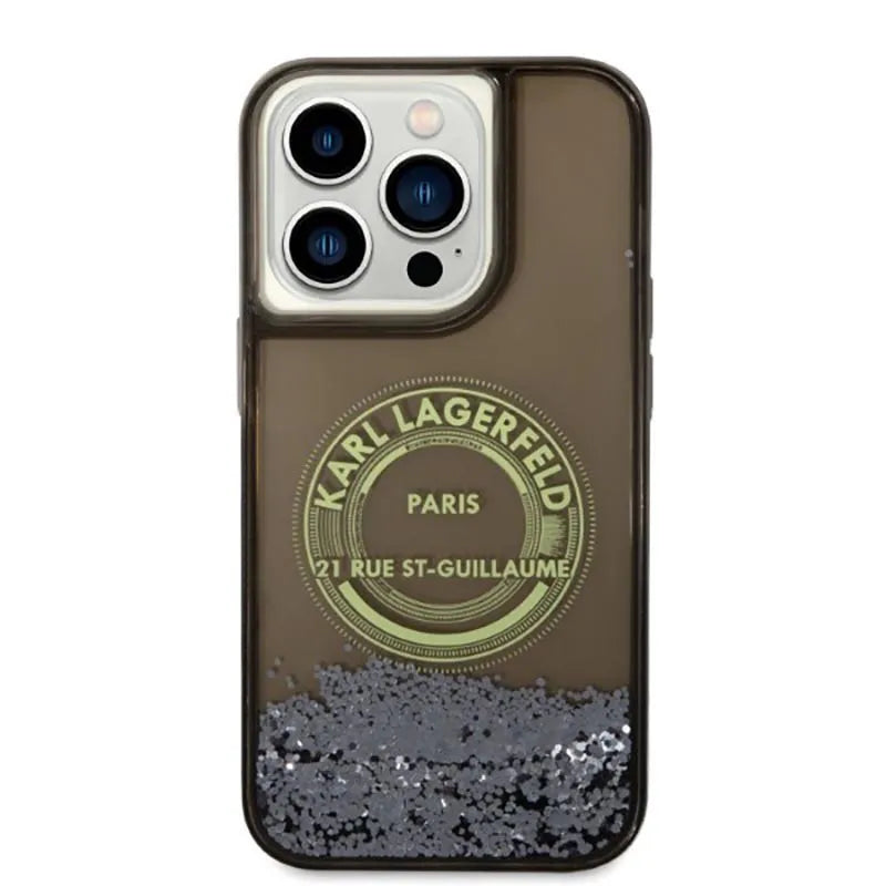 Karl Lagerfeld Liquid Glitter Round RSG Logo dėklas – dėklas skirtas iPhone 14 Pro (juodas)