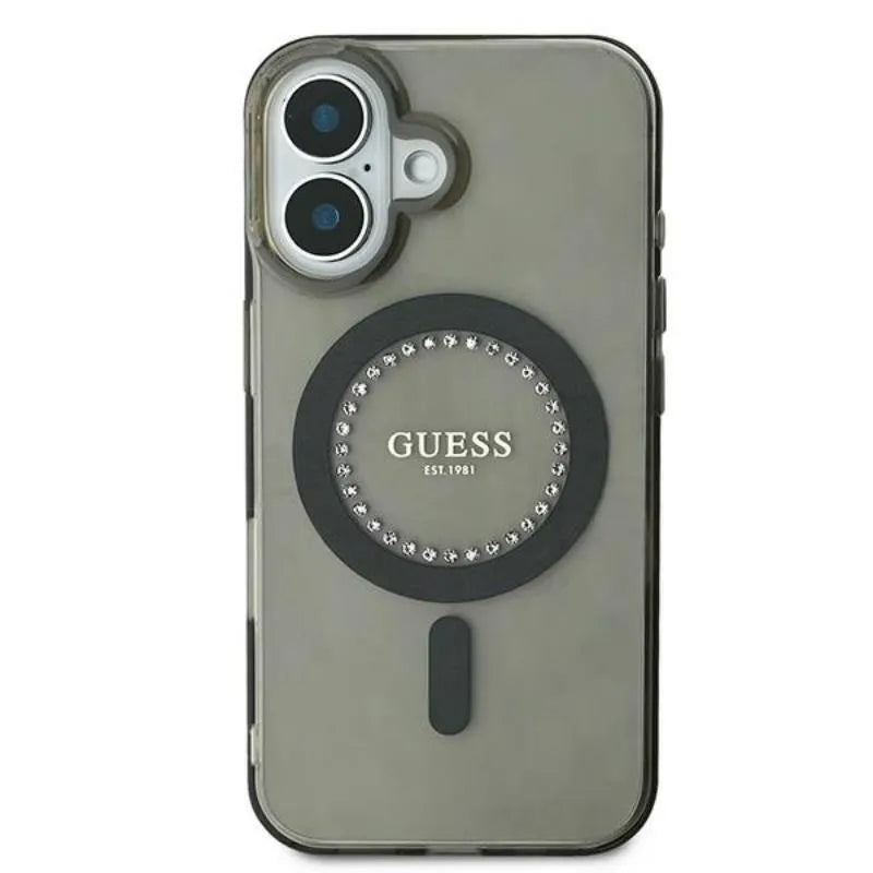 Guess IML Rhinestones MagSafe - Dėklas iPhone 16 Plus (Juodas)