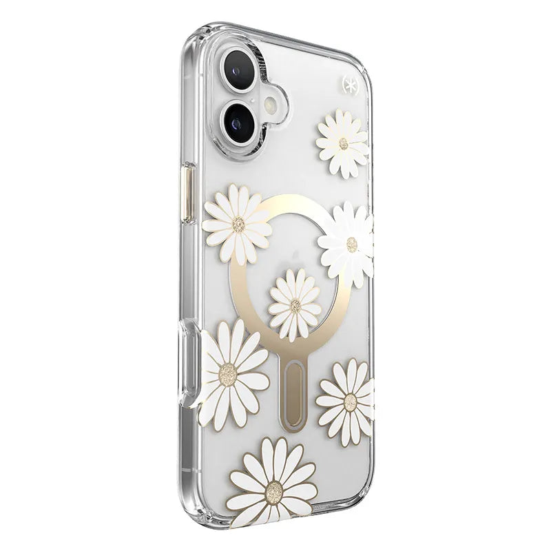 Speck Presidio Lux ClickLock & MagSafe - iPhone 16 Plus dėklas (Sunshine Daisies / Skaidrus / Auksinis)