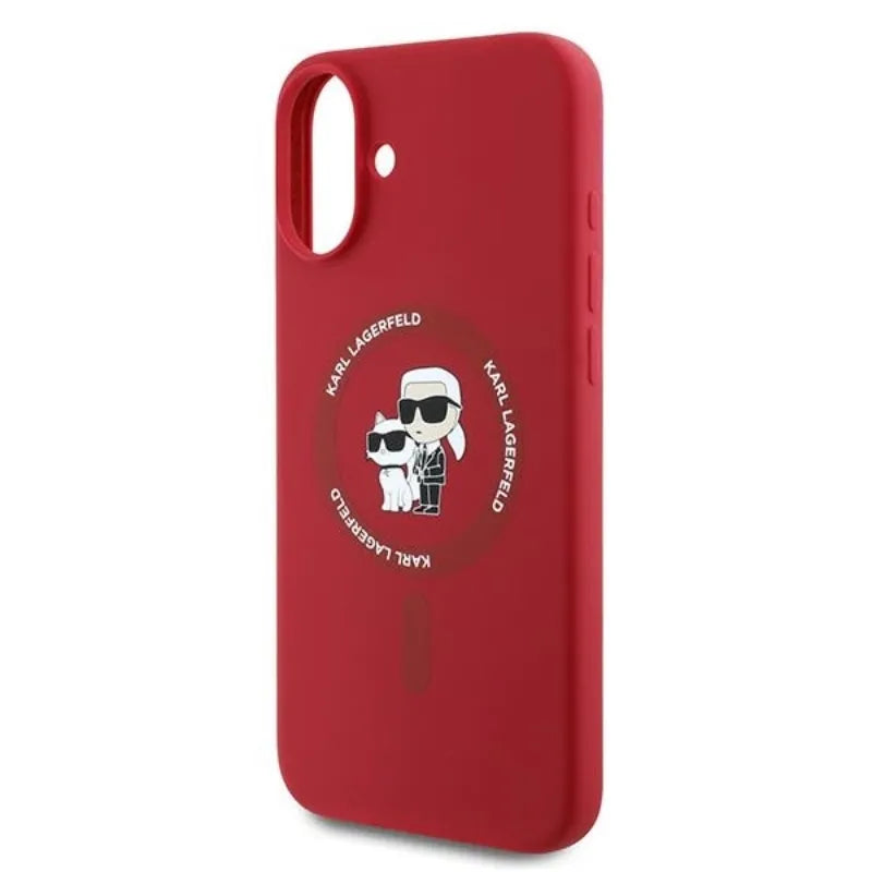 Karl Lagerfeld Silicone Karl & Choupette Ring MagSafe – dėklas iPhone 16 Plus (raudonas)
