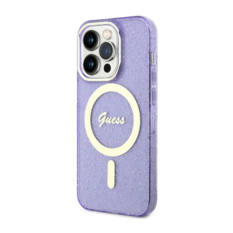 Guess Glitter Gold MagSafe – dėklas iPhone 14 Pro Max (violetinis)
