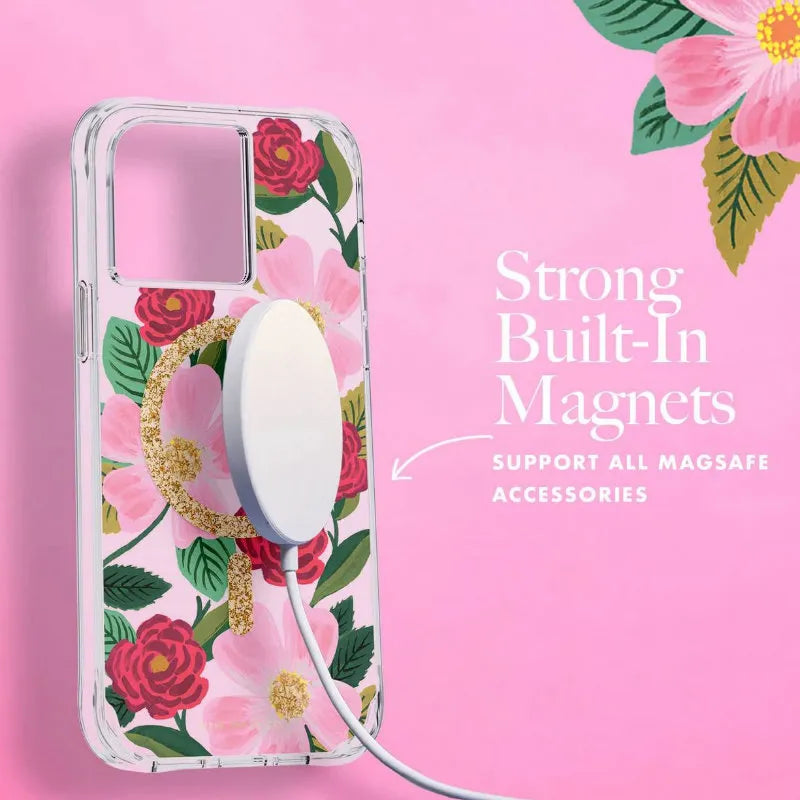 Rifle Paper Clear MagSafe - Auksu dekoruotas dėklas iPhone 14 / iPhone 13 (Rose Garden)