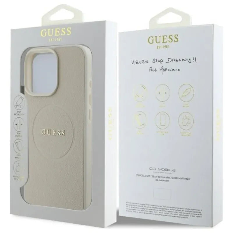Guess Grained Ring MagSafe – Dėklas iPhone 16 Pro Max (smėlio spalvos)