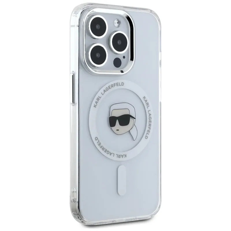 Karl Lagerfeld IML Metal Karl Head MagSafe – dėklas iPhone 15 Pro Max (baltas)