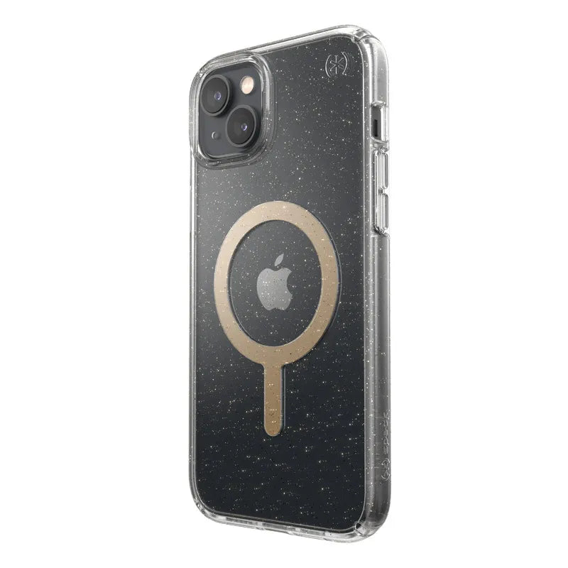 Speck Presidio Perfect-Clear with Glitter + MagSafe – iPhone 15 Plus / 14 Plus dėklas su MICROBAN danga (skaidrus / auksiniai blizgučiai)