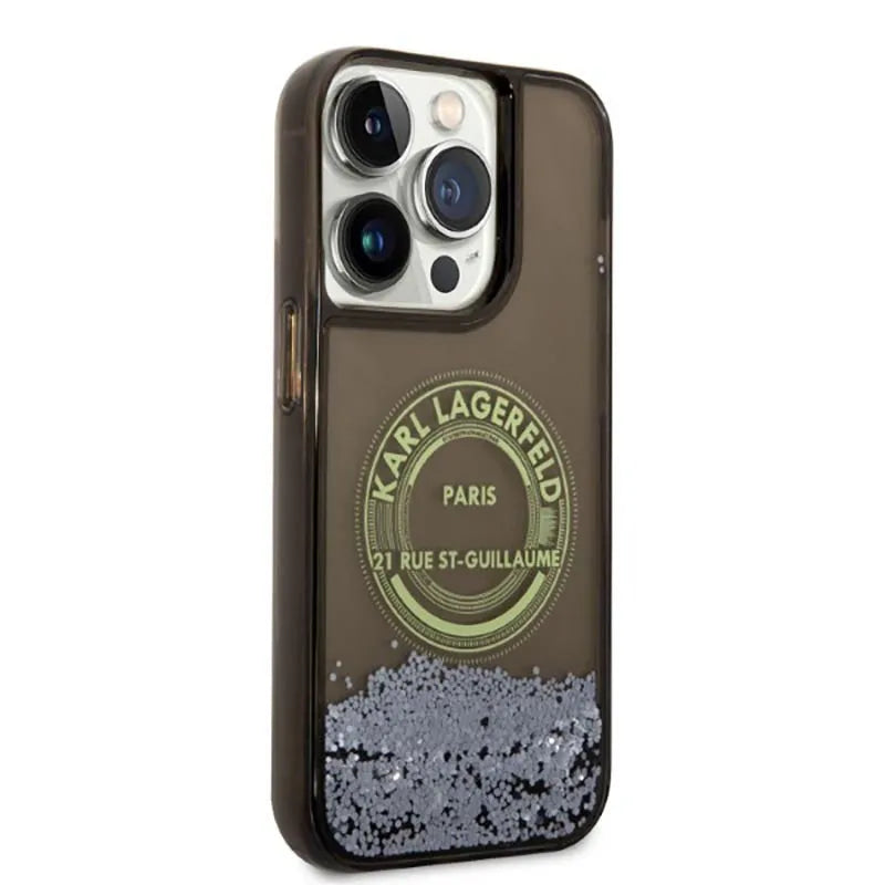 Karl Lagerfeld Liquid Glitter Round RSG Logo dėklas – dėklas skirtas iPhone 14 Pro (juodas)