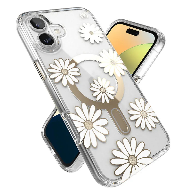 Speck Presidio Lux ClickLock & MagSafe - iPhone 16 Plus dėklas (Sunshine Daisies / Skaidrus / Auksinis)