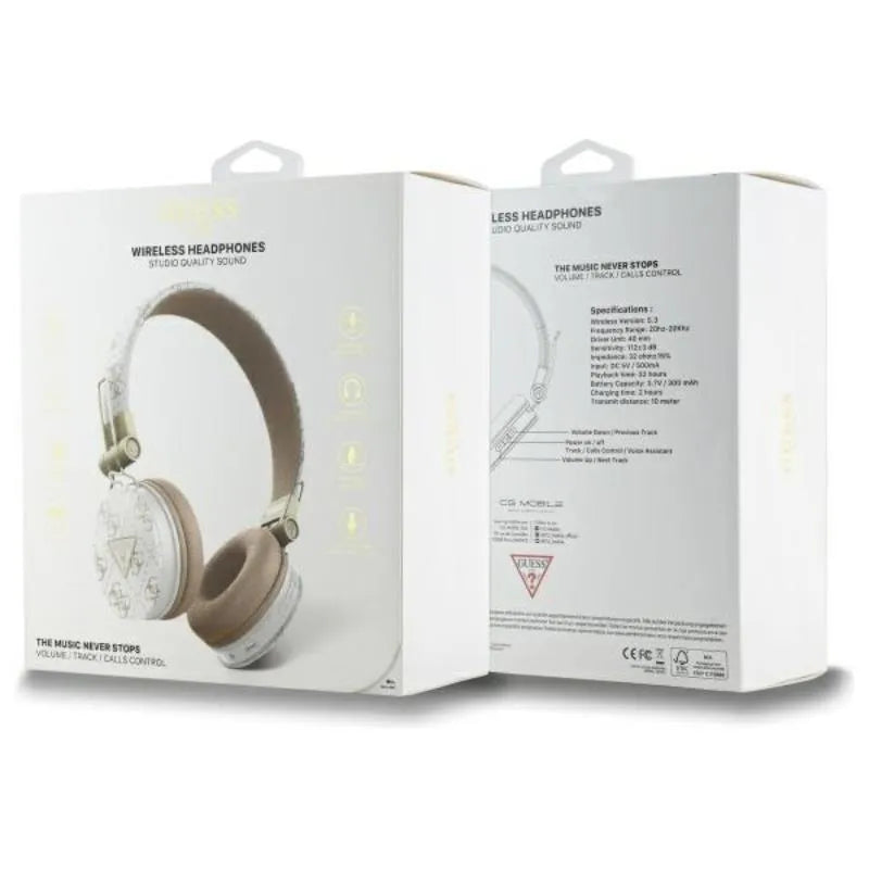 Guess 4G Triangle Round Shape – belaidės „over-ear“ tipo „Bluetooth“ ausinės su ENC (baltos)