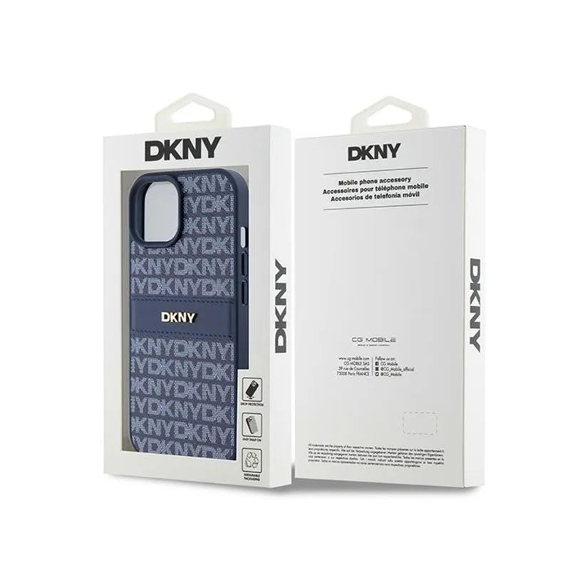 DKNY Leather Mono Stripe & Metal Logo - dėklas, skirtas iPhone 15 / 14 / 13 (mėlynas)