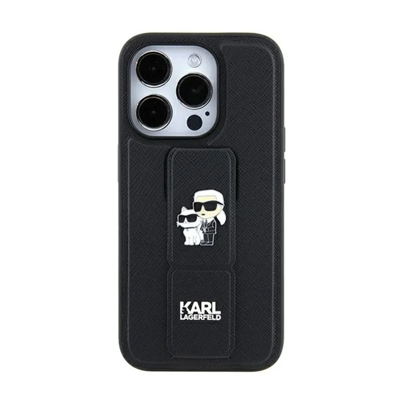 Karl Lagerfeld Gripstand Saffiano Karl & Choupette Pins – dėklas iPhone 11 (juodas)