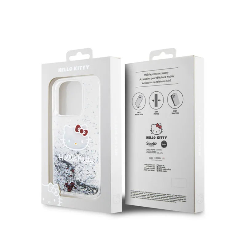 Hello Kitty Liquid Glitter Charms Kitty Head – dėklas iPhone 14 Pro Max (sidabrinis)