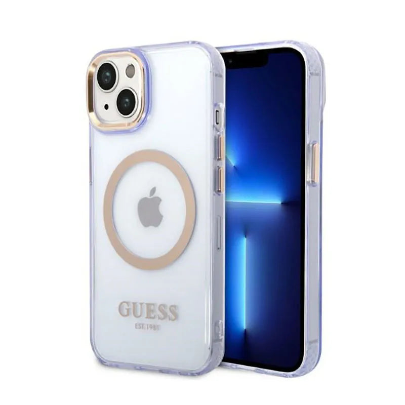 Guess Gold Outline Translucent MagSafe – dėklas iPhone 14 telefonui (violetinis)