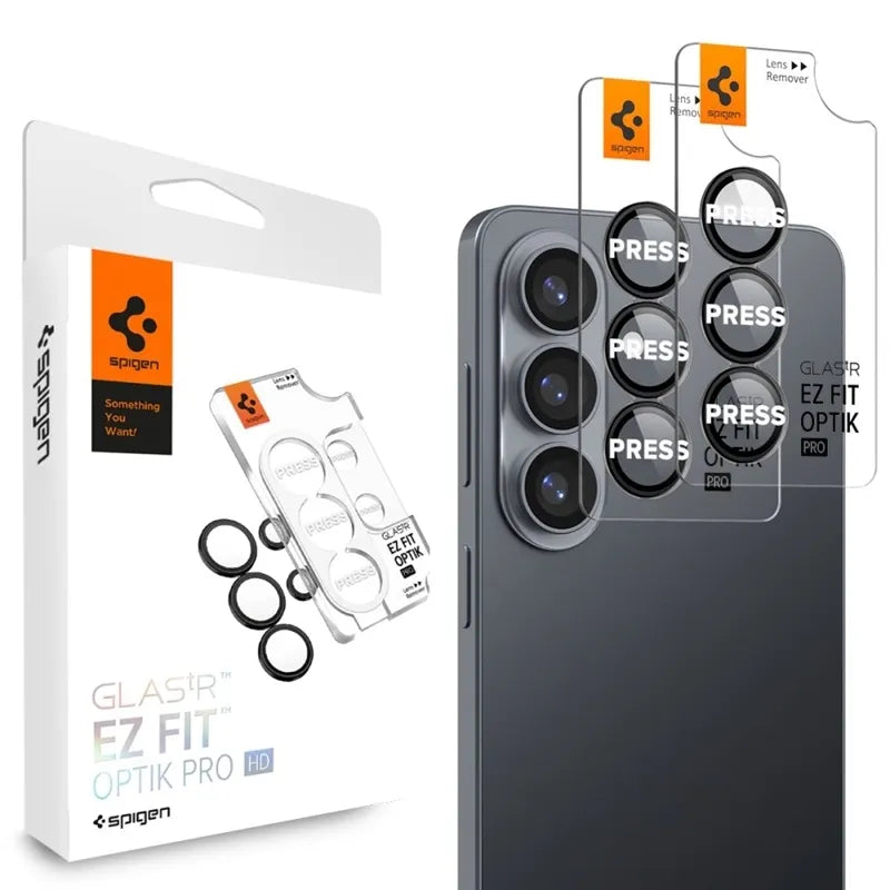 Spigen Optik Pro HD GLAS.TR EZ Fit kameros apsauga 2 vnt. pakuotė – stiklinė objektyvo apsauga, skirta Samsung Galaxy S26 (2 vnt.) (juoda)