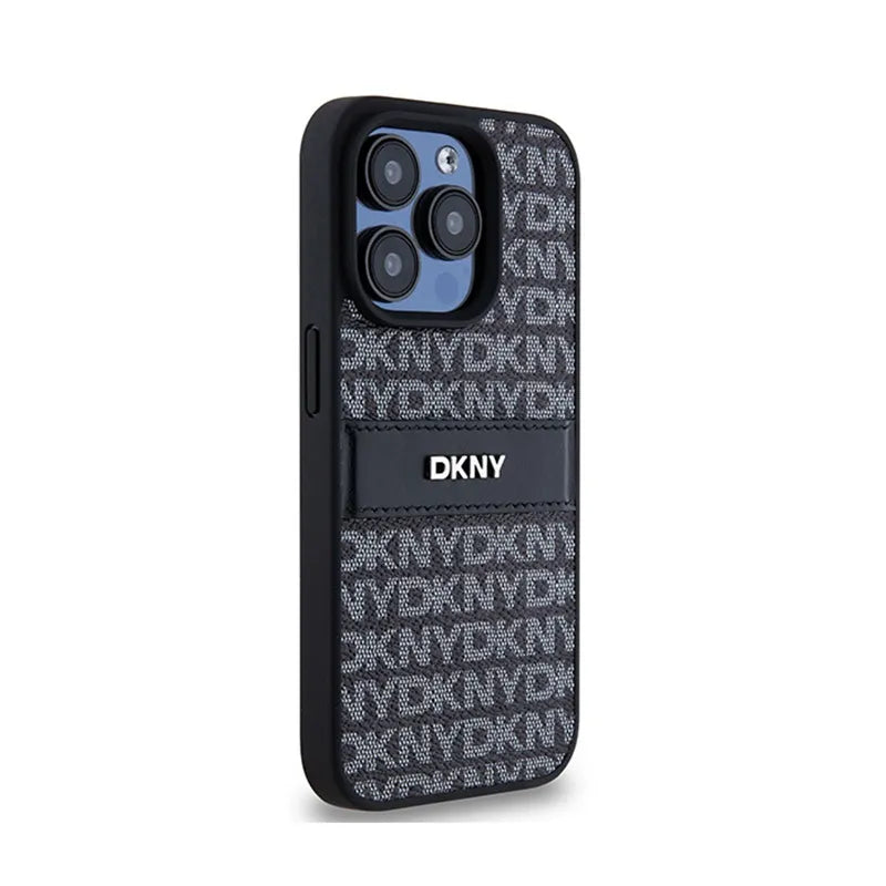 DKNY Leather Mono Stripe & Metal Logo – dėklas iPhone 15 Pro telefonui (juodas)