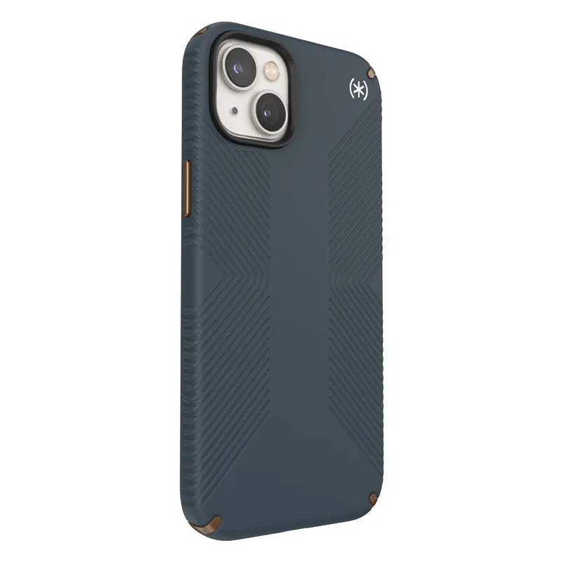 Speck Presidio2 Grip – neslystantis iPhone 15 Plus / 14 Plus dėklas (anglies / vėsios bronzos / skalūno spalvos)