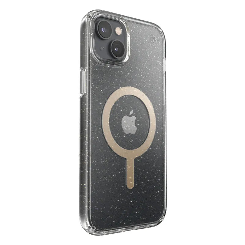Speck Presidio Perfect-Clear with Glitter + MagSafe – iPhone 15 Plus / 14 Plus dėklas su MICROBAN danga (skaidrus / auksiniai blizgučiai)