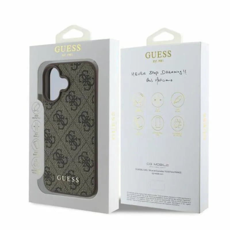 Guess 4G Classic – dėklas iPhone 16 (rudas)