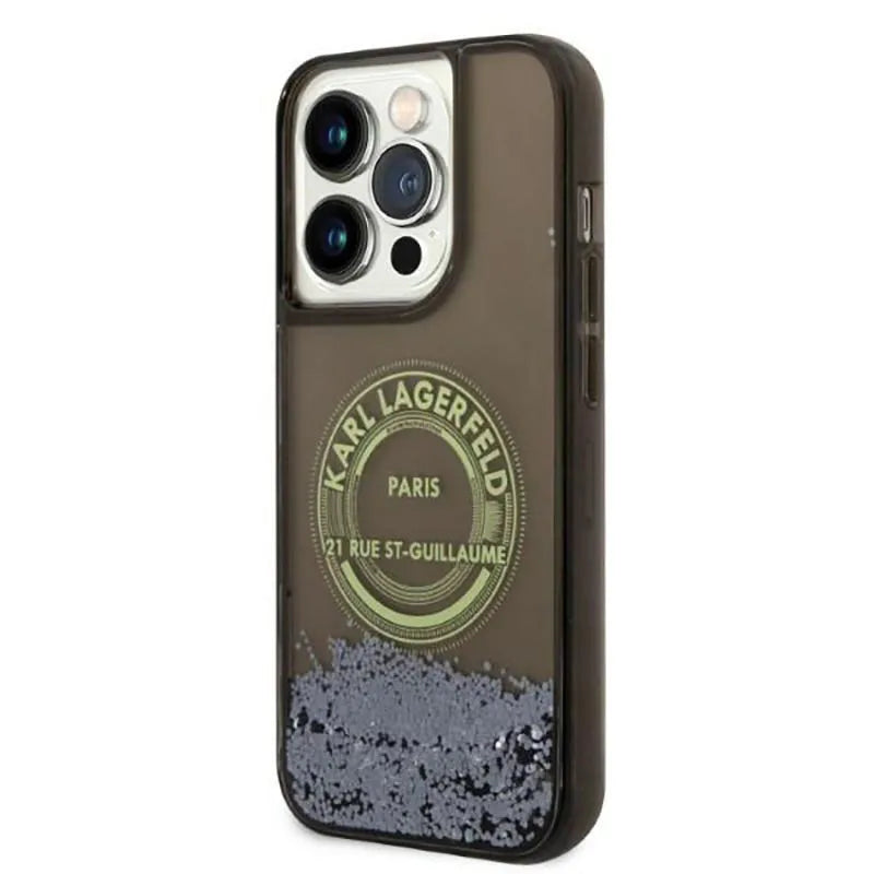 Karl Lagerfeld Liquid Glitter Round RSG Logo dėklas – dėklas skirtas iPhone 14 Pro (juodas)