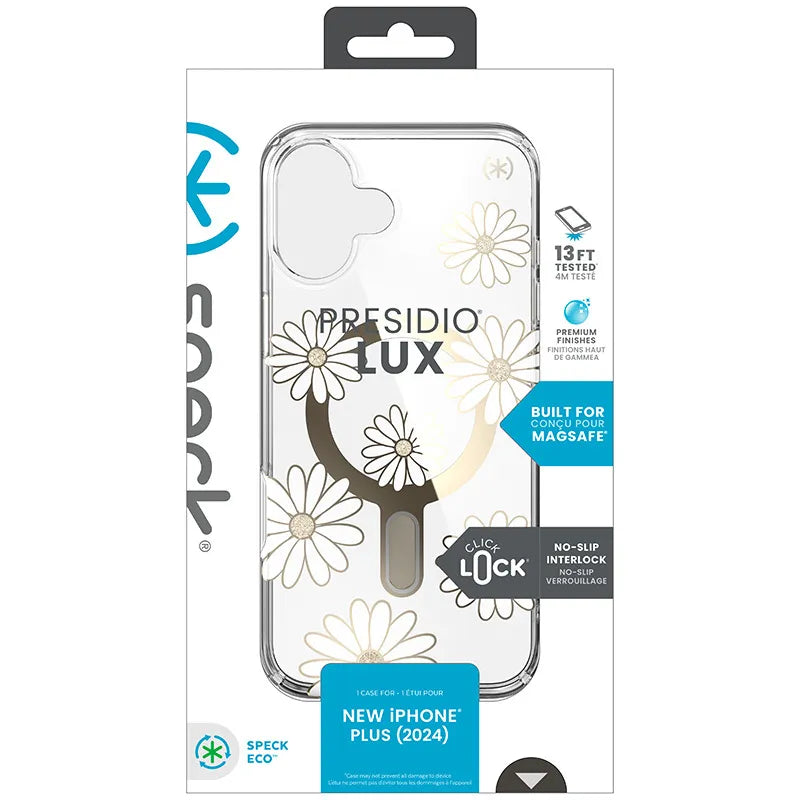 Speck Presidio Lux ClickLock & MagSafe - iPhone 16 Plus dėklas (Sunshine Daisies / Skaidrus / Auksinis)