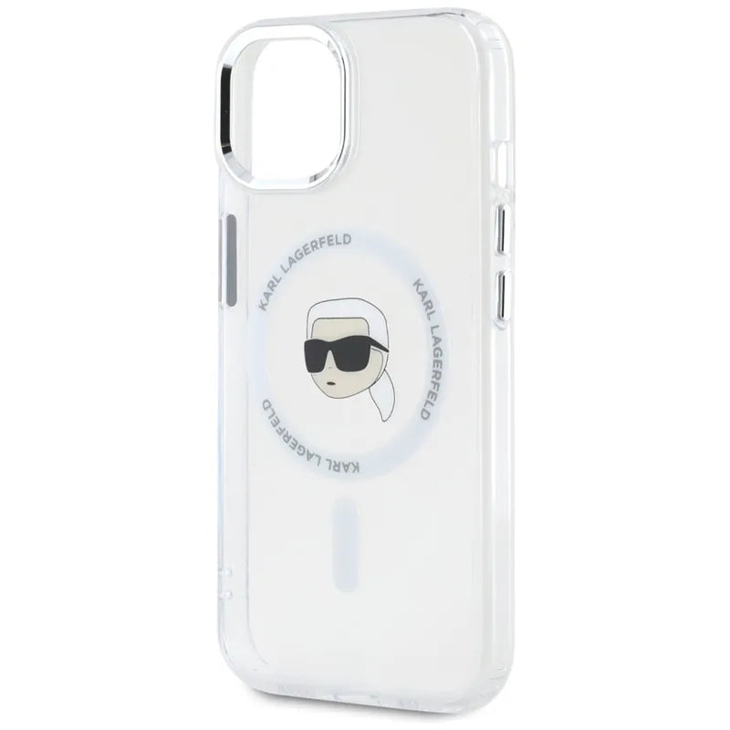 Karl Lagerfeld IML Metal Karl Head MagSafe – dėklas, skirtas iPhone 15 (baltas)
