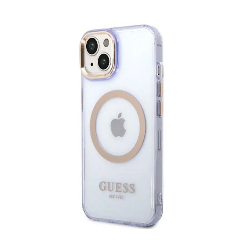Guess Gold Outline Translucent MagSafe – dėklas iPhone 14 telefonui (violetinis)
