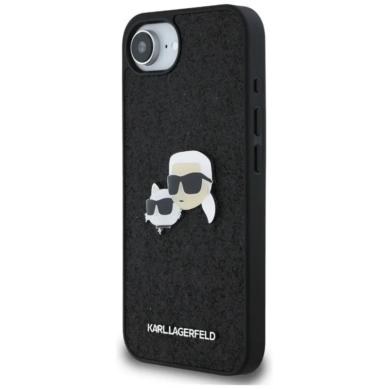 Karl Lagerfeld Fixed Glitter Karl & Choupette Heads Metal Pin – dėklas iPhone 16e (juodas)
